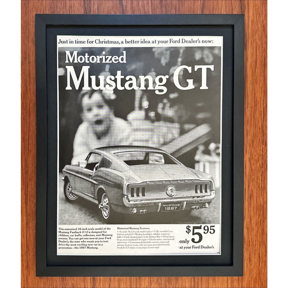 Framed 1966 Ford Mustang GT Motorized Model Toy Car Original Magazine Ad
